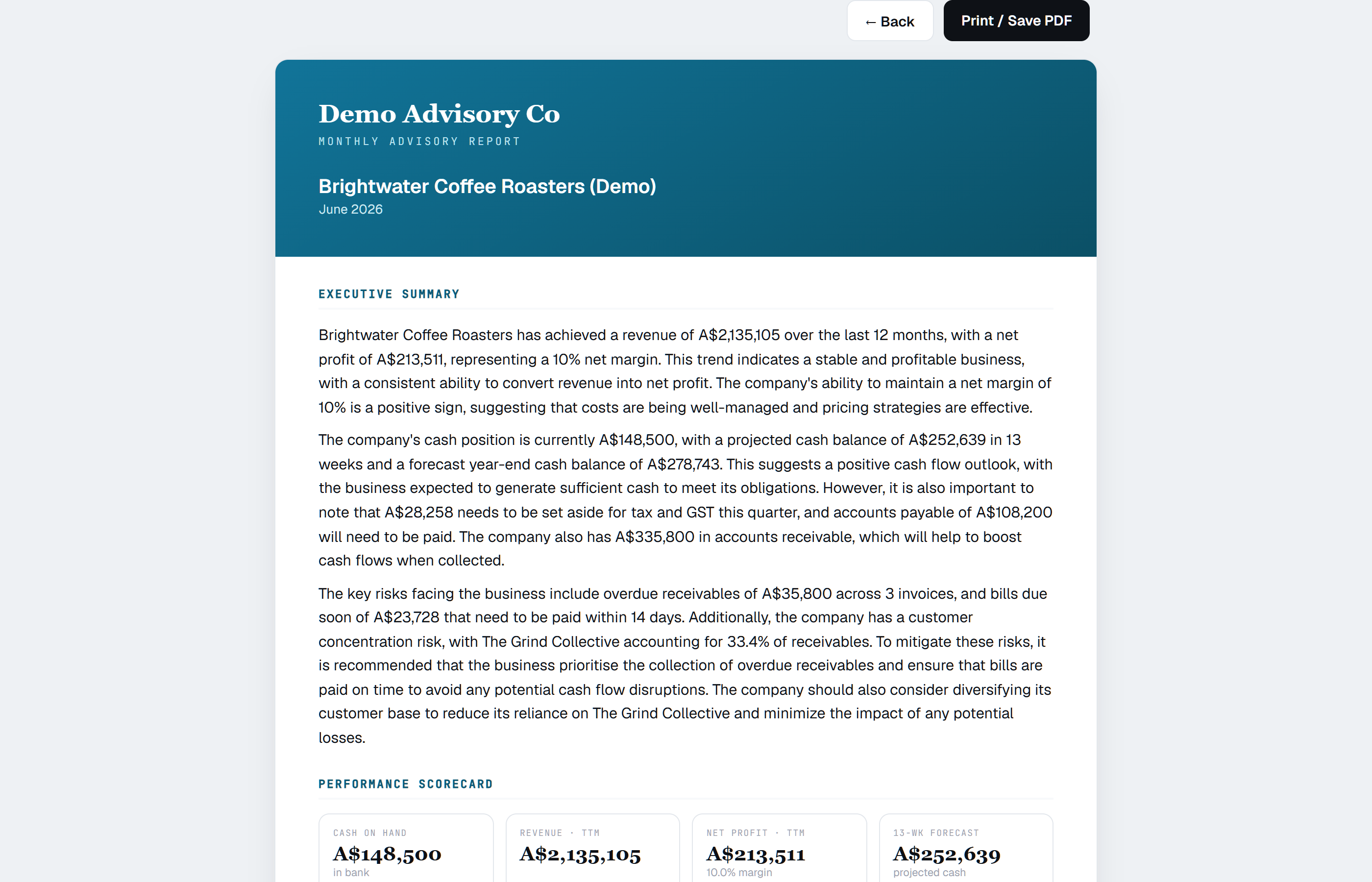 Compass monthly advisory report with executive summary and scorecard